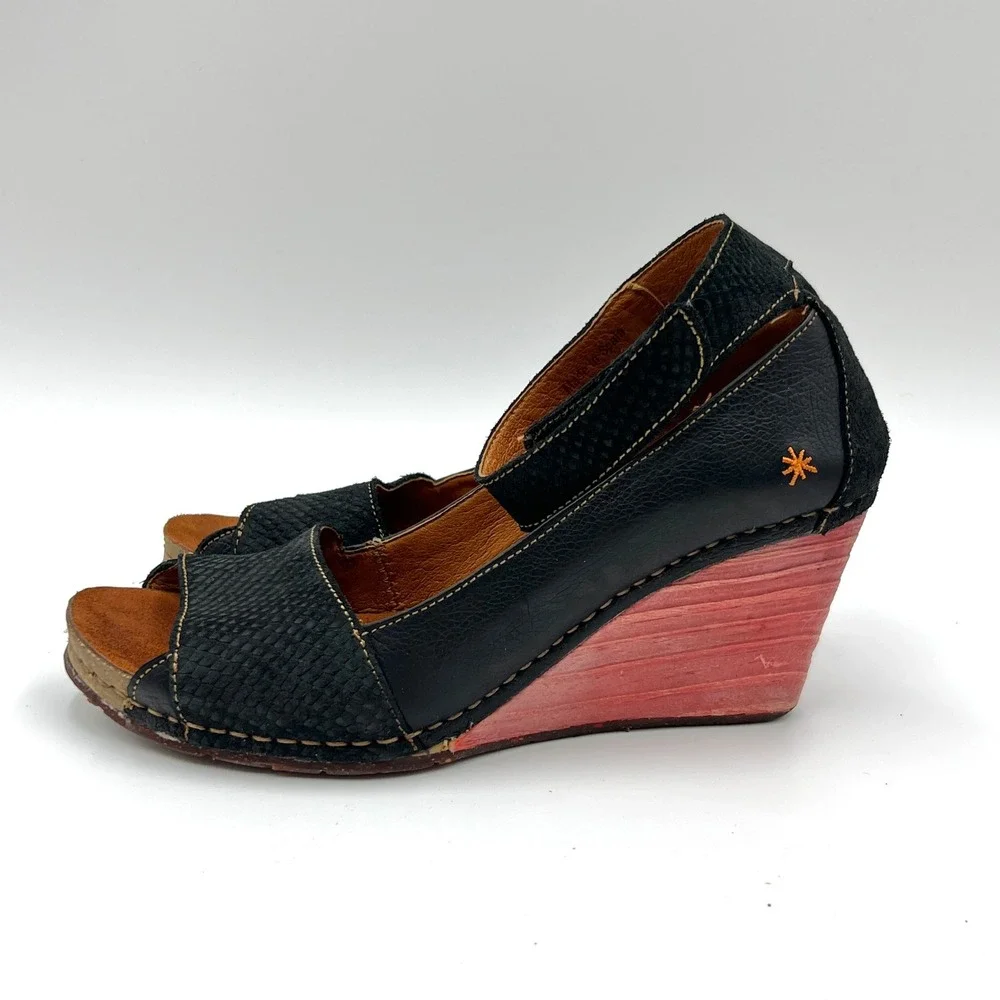 Art Company Black Leather Pink Wedge Ankle Strap Sandals Peep Toe EU 41 Chunky